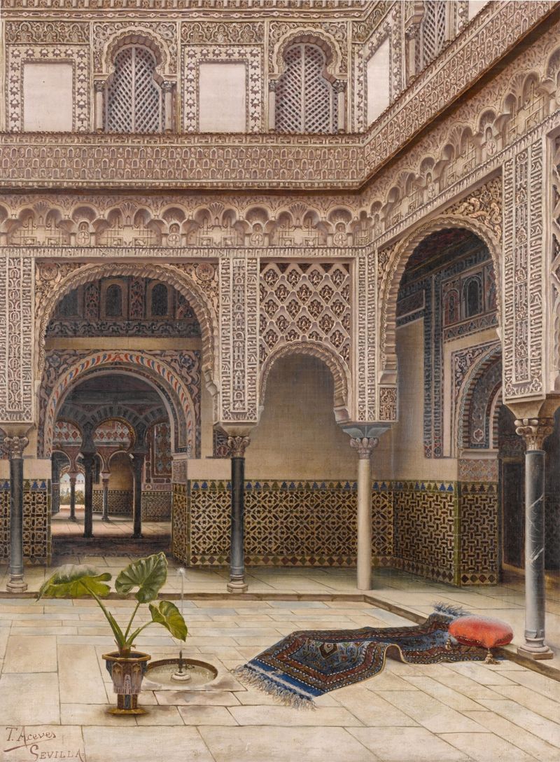 El Alcázar, Sevilla de Tomas Aceves, óleo sobre lienzo que muestra arcos intrincados y paisaje.