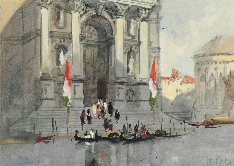 Santa Maria della Salute, oil painting by Hercules Brabazon Brabazon, featuring the church's dome at sunset.
