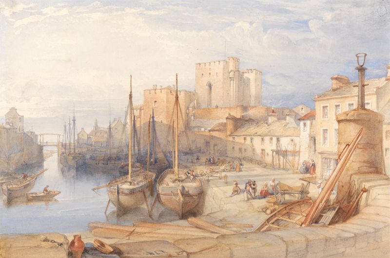 Castletown Harbour, Isle of Man by William Leighton Leitch, oil painting depicting a harbor with boats and clouds