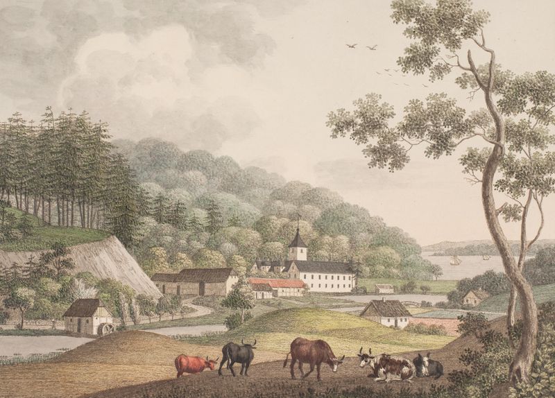 Paisagem serena com vegetação exuberante, pintura a óleo de Søren L. Lange