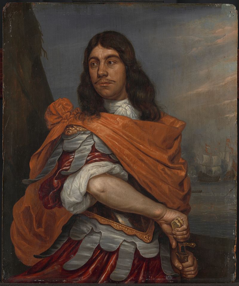Retrato de Cornelis Tromp em traje romano, óleo sobre painel de Abraham Evertsz. van Westerveld