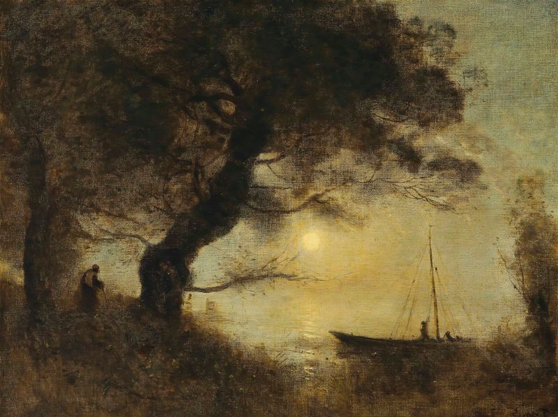 Le Bateau Au Claire De Lune, óleo sobre lienzo de Jean-Baptiste-Camille Corot, representando un río tranquilo bajo la luz ...