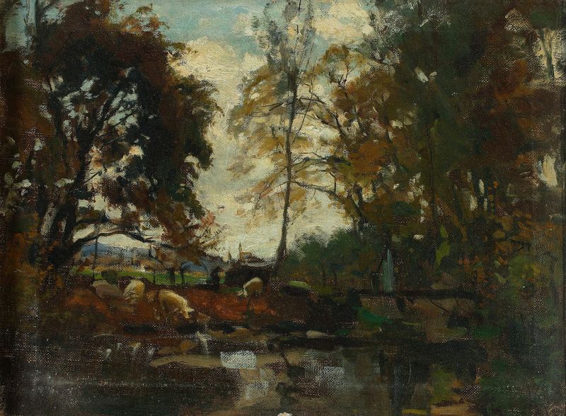 Landscape with a herd by Józef Szermentowski, oil painting depicting a pastoral scene.