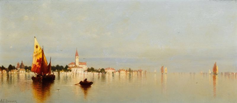 Harbor scene oil painting by Andrew Fisher Bunner depicting boats on water with reflections and a soft sky.