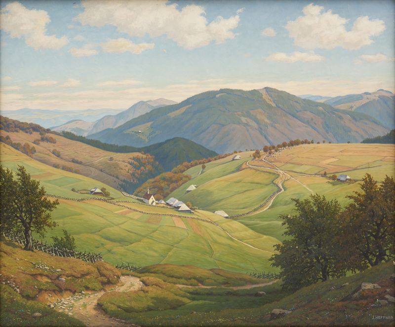 Hofsgrund no monte Schauinsland de Julius Heffner, pintura a óleo que retrata uma paisagem serena com colinas suaves.