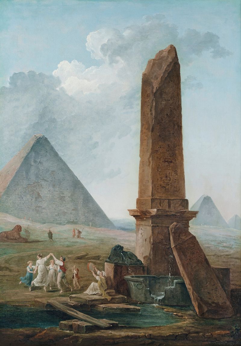 A Farandole Entre Monumentos Egípcios de Hubert Robert, pintura a óleo que retrata dançarinos e monumentos egípcios.