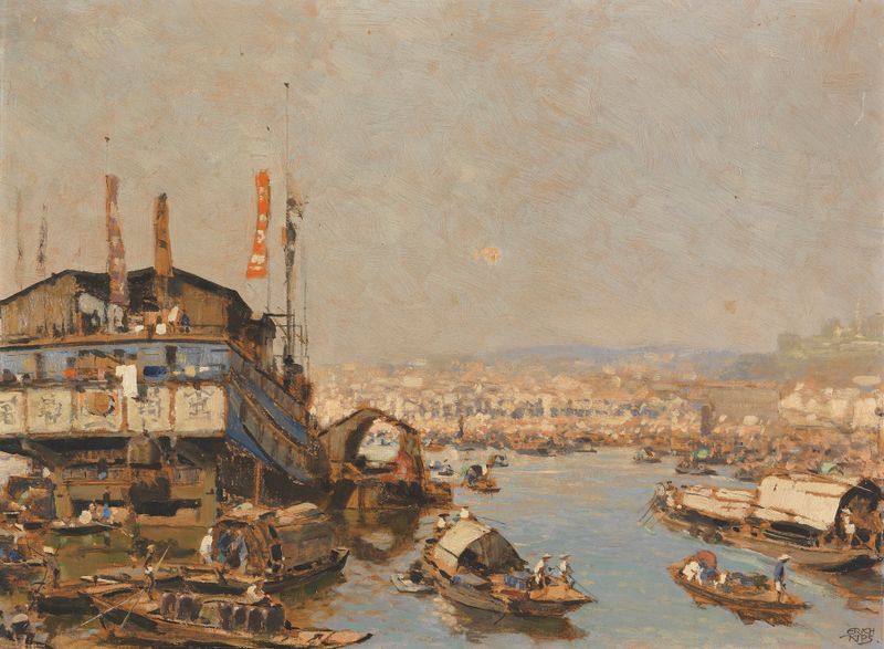 Marine scene of Singapore Harbor by Erich Kips, oil painting
