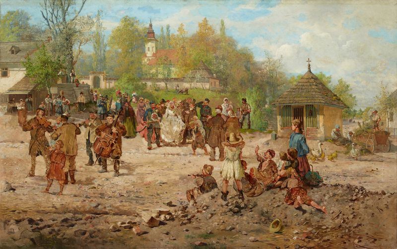 Wedding at Salwator by Seweryn Bieszczad, genre scene depicting a joyful wedding celebration.
