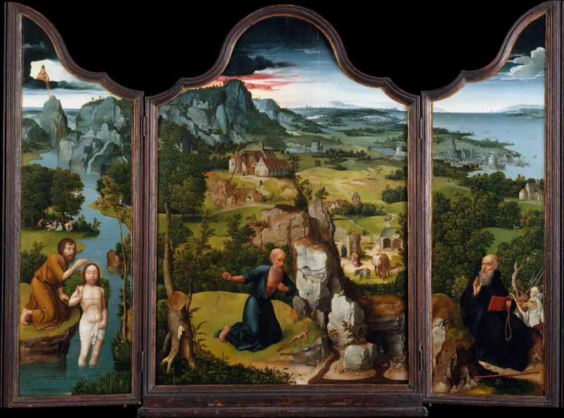 The Penitence of Saint Jerome, wood medium, by Joachim Patinir, featuring a somber figure in a vibrant landscape.