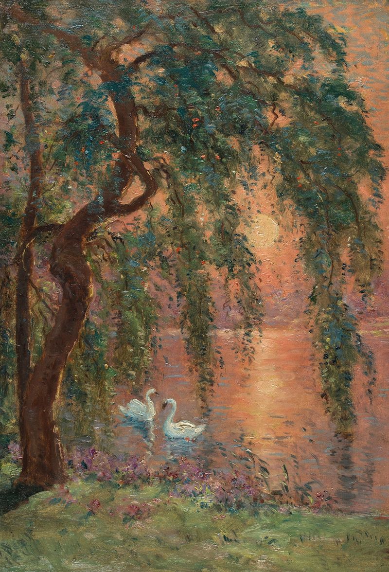 Watercolour by Marie-Joseph-Leon Clavel depicting a lake with willows and reflections