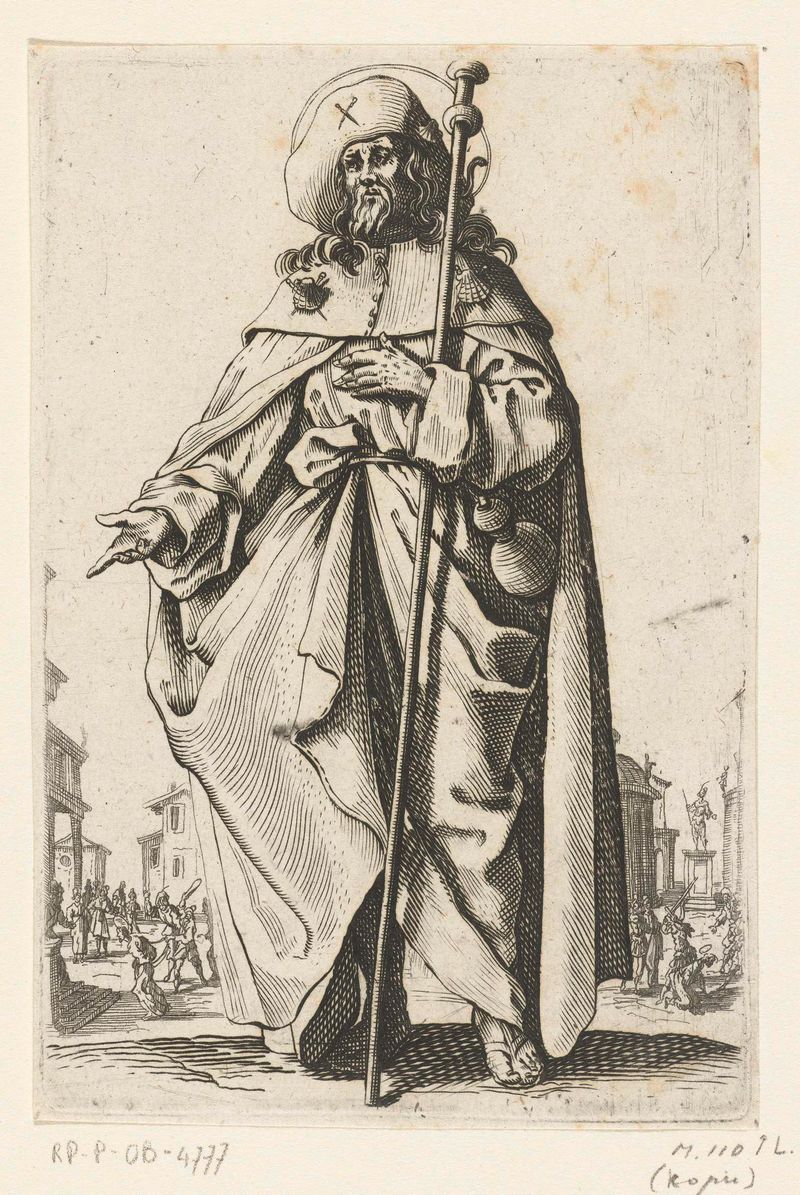 Apostel Jakobus de Meerdere, etching by Unknown Artist, depicting the Apostle James in rich earth tones.