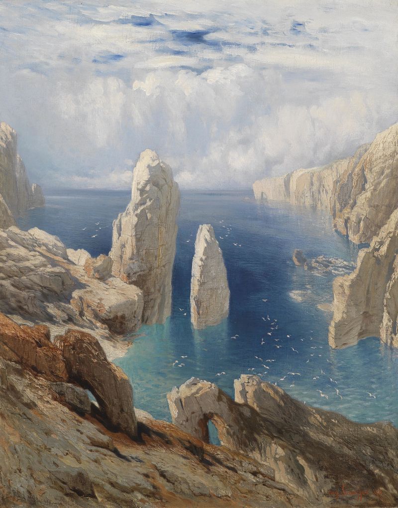 Landscape depicting a tranquil coastline by August Schaeffer von Wienwald, oil painting