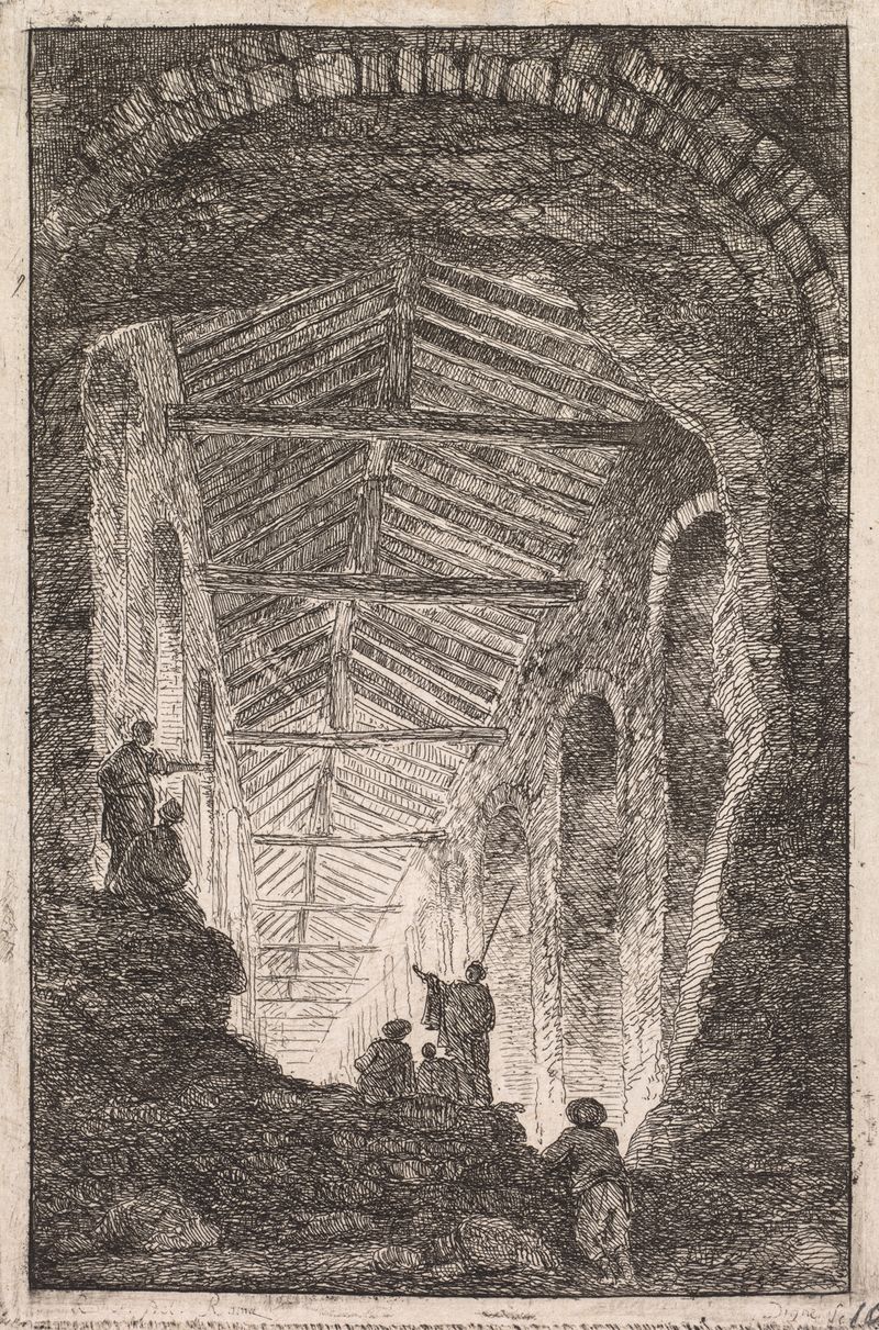 The Antique Gallery by Hubert Robert, oil on canvas, depicts classical ruins and sculptures amidst greenery.