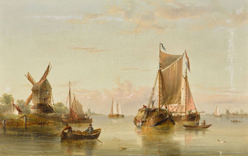 Cena de estuário com embarcações costeiras, óleo de Henry Redmore