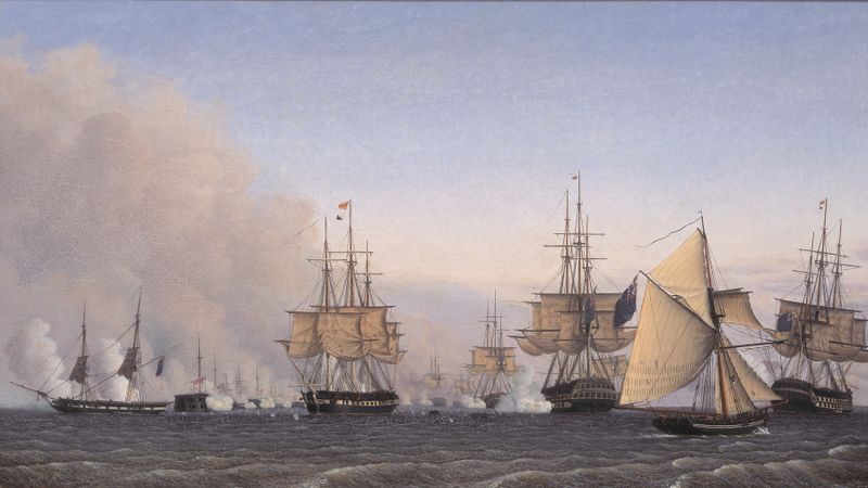Cena de batalha histórica com soldados e cavalos em pintura a óleo de Emil Normann