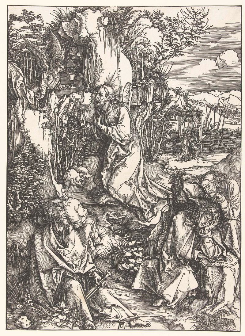 Grabado religioso de Albrecht Dürer que representa a una figura arrodillada en oración sobre papel