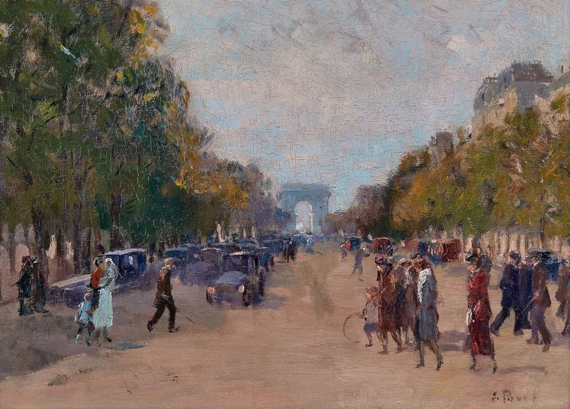 Les Champs-Elysées by Elie Anatole Pavil, oil on canvas depicting a tree-lined avenue.