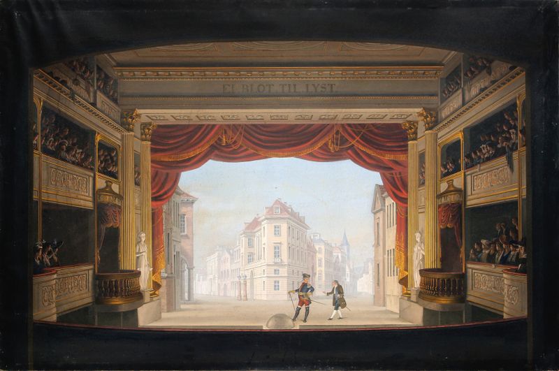 Cena interior de um teatro com candelabros de C.F. Christensen