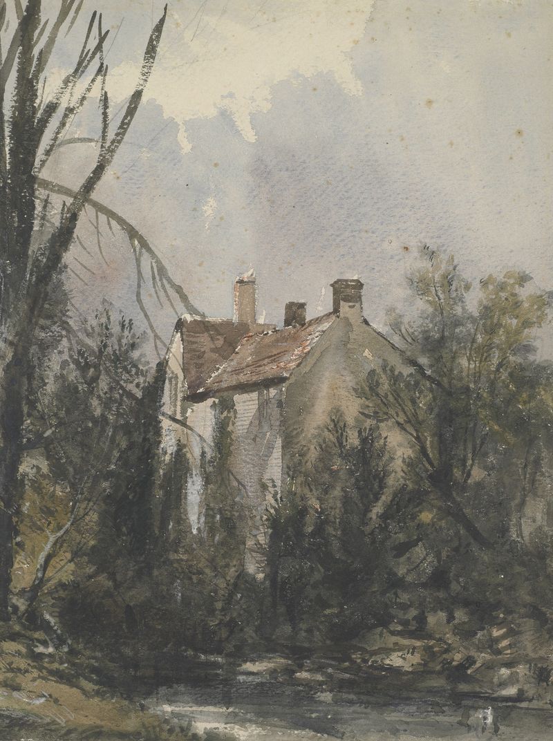 Paisagem com um rio e um moinho desgastado, pintura a óleo de William James Müller