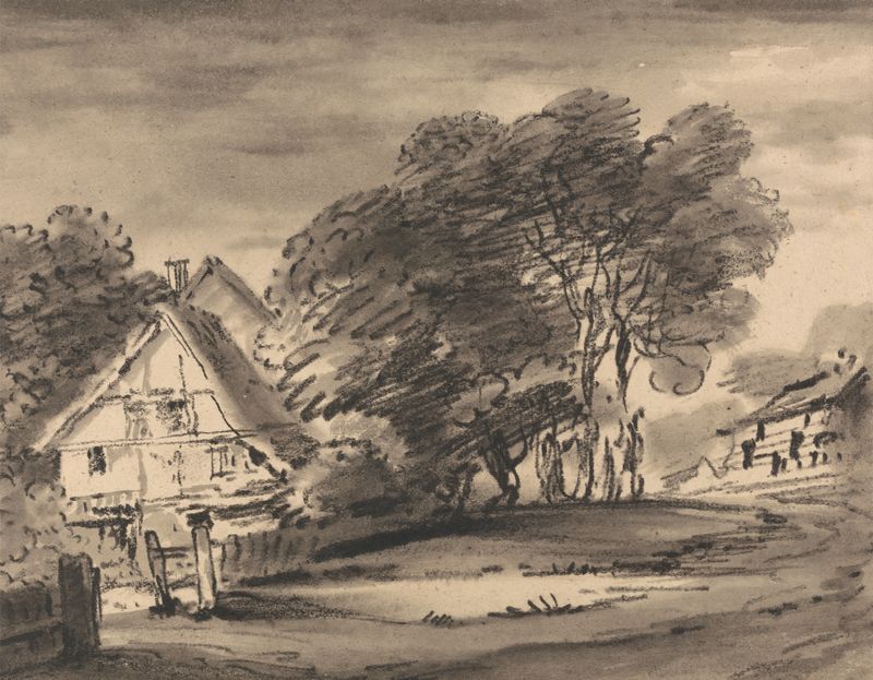 Cottage amongst Trees, oil on canvas by Dr. Thomas Monro, depicting a tranquil landscape with trees and a winding path.