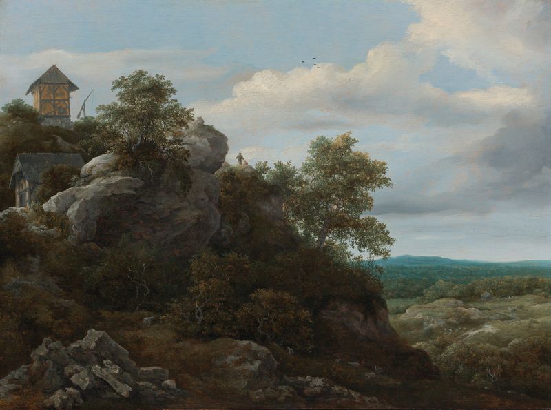 Paisagem com casas em uma colina rochosa, óleo sobre tela de Jacob van Ruisdael