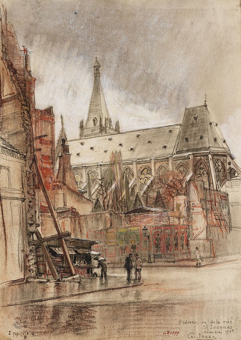 L’église Saint Séverin, óleo sobre tela de Charles Jouas, apresenta arquitetura gótica e vista da rua.