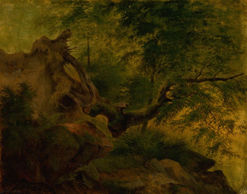 Uprooted tree with gnarled roots, oil on canvas by Jozef Božetech Klemens
