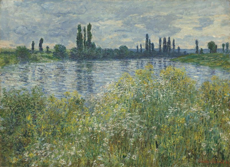 Banks of the Seine, Vétheuil de Claude Monet, óleo sobre tela representando uma cena de rio tranquila