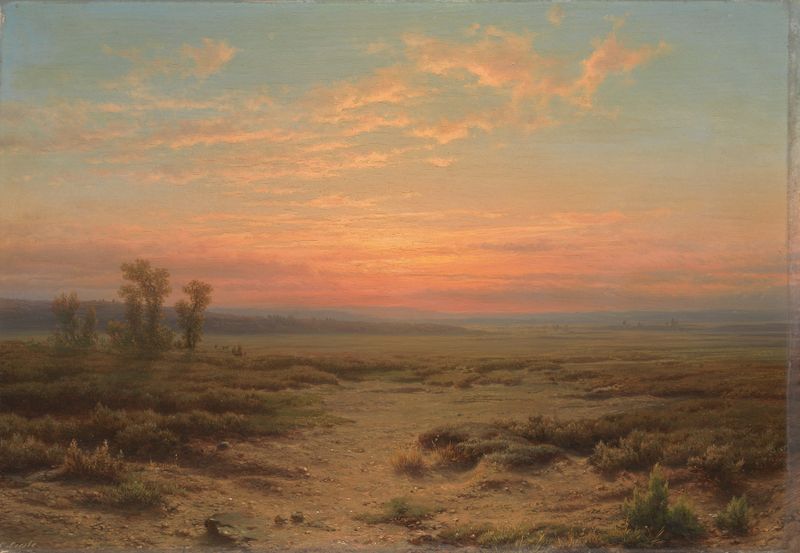 Twilight landscape by Cornelis Lieste, oil on canvas, featuring soft hues and a fading horizon.
