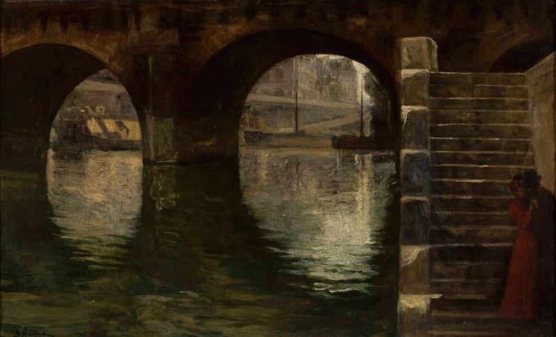 On the bank of River Seine, pintura al óleo de Bolesław Nawrocki que muestra árboles y reflejos en el río.