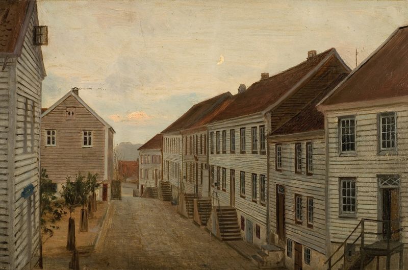 Gate i Mandal de Amaldus Nielsen, pintura al óleo que representa un paisaje sereno con una puerta desgastada.