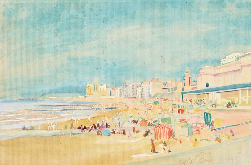 Strand te Oostende de Julius Collen Turner, óleo sobre tela que retrata uma paisagem marinha serena.