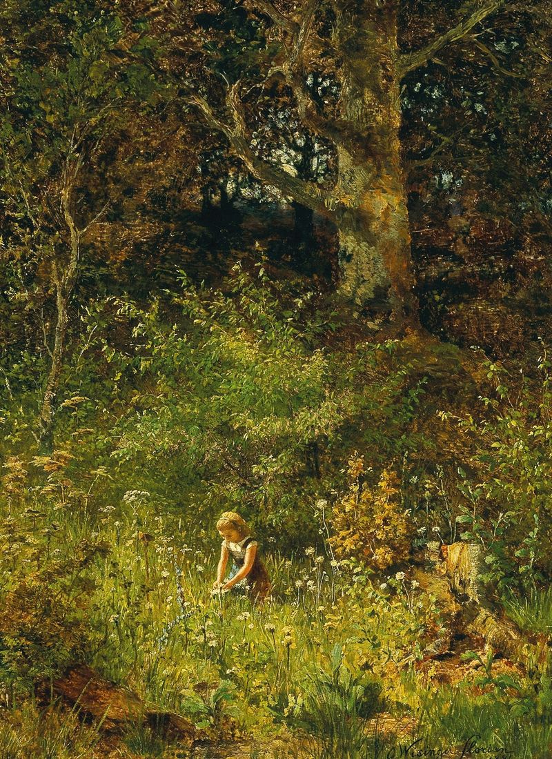 Pintura a óleo de Olga Wisinger-Florian de uma menina colhendo flores em um clareira