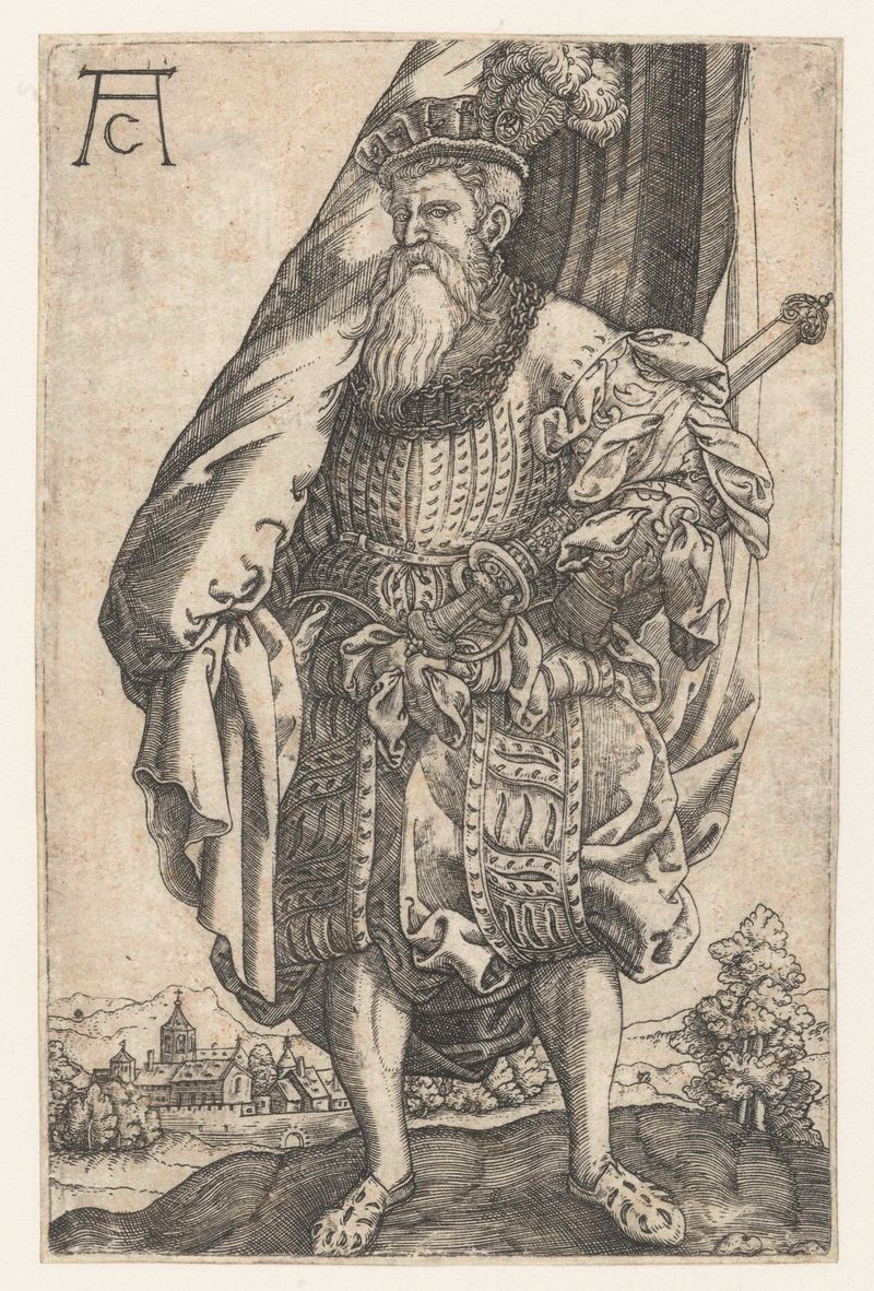 Gravura de Monogrammist AC mostrando uma figura segurando um estandarte.