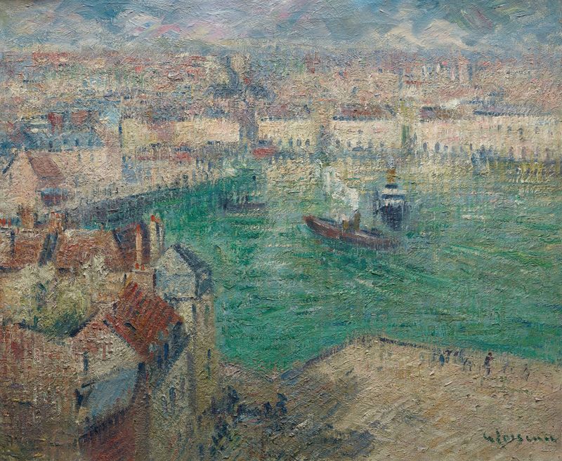 Dieppe de Gustave Loiseau, óleo sobre lienzo que representa una serena escena marina con nubes y reflejos.