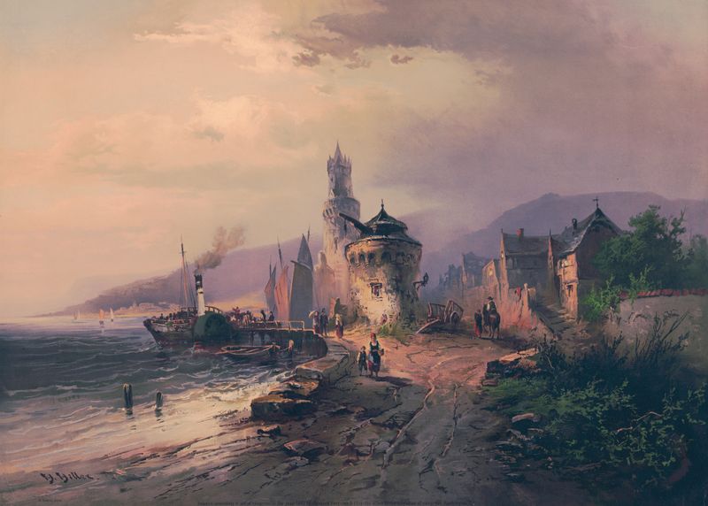 Landscape of the Rhine River with greenery, oil painting by Heinrich Hiller