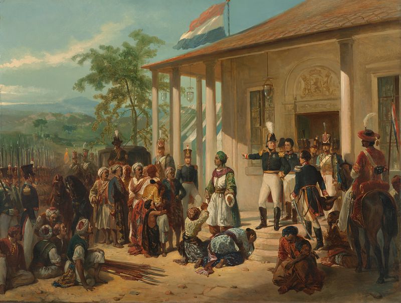 El Arresto de Diponegoro, pintura al óleo de Nicolaas Pieneman, que muestra una escena histórica de sumisión.