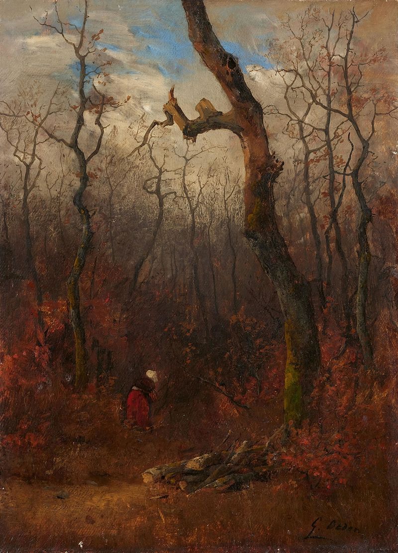 Holzsammlerin im Wald de Georg Oeder, óleo sobre tela mostrando uma coletora de madeira em uma floresta