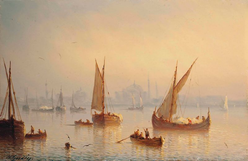 Marine scene with vessels on the Bosphorus and Hagia Sophia Mosque, oil painting by Henriette Gudin
