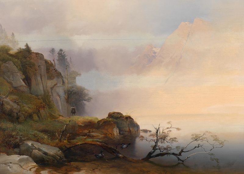 Paisagem de outono com um lago refletindo o pôr do sol de Anton Hansch, pintura a óleo