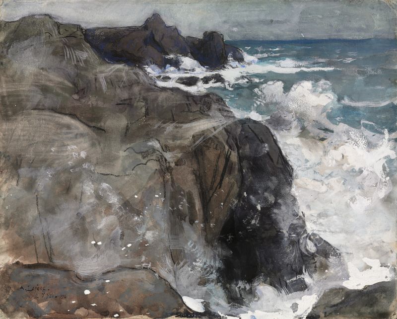 Storm on the Island of Yeu de Auguste Louis Lepère, que representa olas turbulentas y un cielo oscuro, pintura al óleo