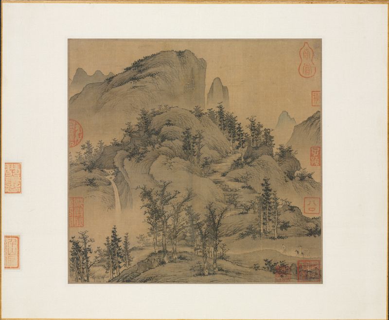 Paisaje que muestra viajeros en un camino a través de montañas otoñales de Sheng Mou, Tradicional Chino