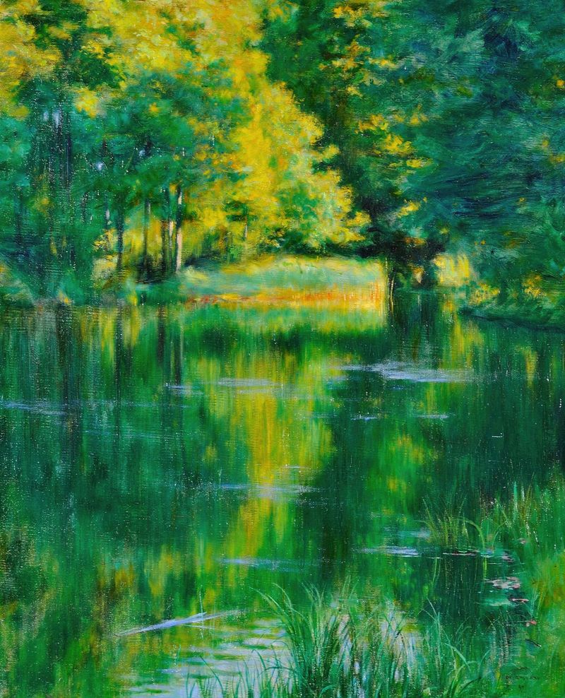Lake in a park by Władysław Podkowiński, oil on canvas depicting a tranquil lake and lush greenery.