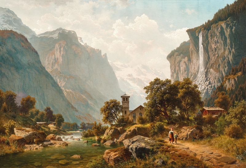 A view of Lauterbrunnen and Staubbach Falls, oil on canvas by Johann Joseph Jansen