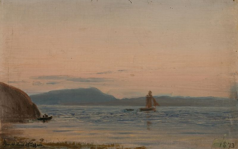 Paisaje de un fiordo escandinavo con reflejos en el agua, pintura al óleo de Amaldus Nielsen