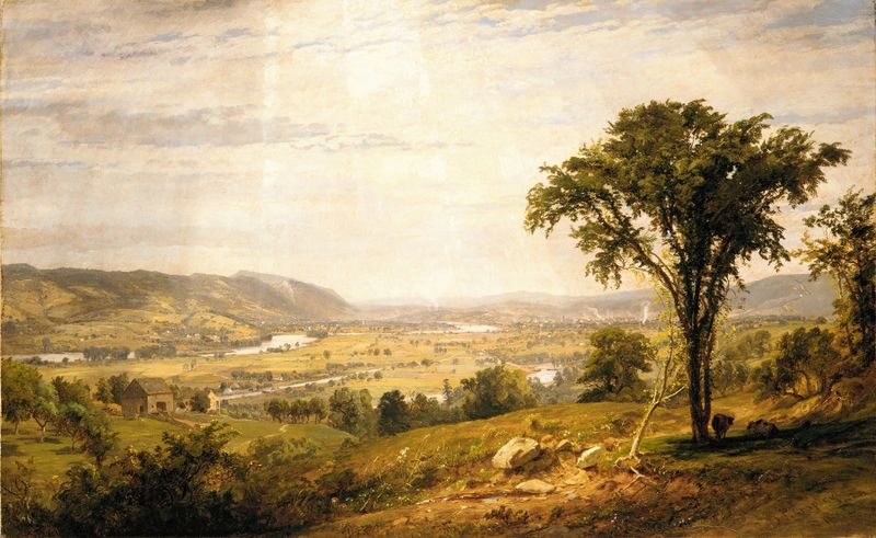 Wyoming Valley, Pennsylvania by Jasper Francis Cropsey, oil on canvas, depicting a sunset over a stream.