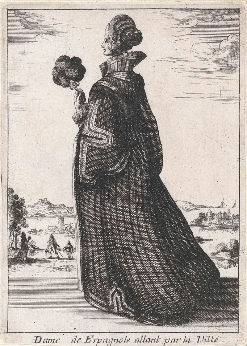 Dame de Espagnole allant par la Ville, grabado de Unknown Artist, que representa a una mujer en un entorno urbano.