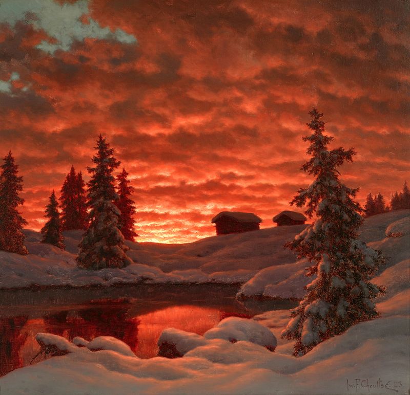 Pintura al óleo Sunset de Ivan Choultsé, que representa colores vibrantes sobre agua tranquila.