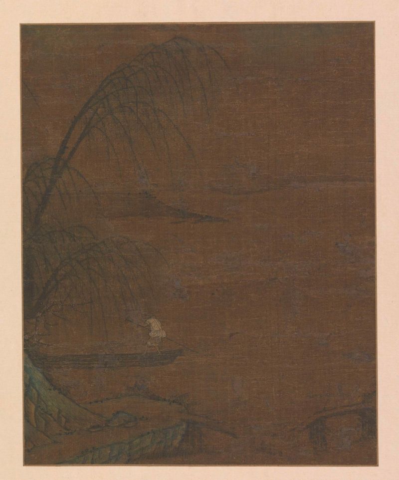 Paisaje con un pescador en un bote, medio de seda, Unknown Artist