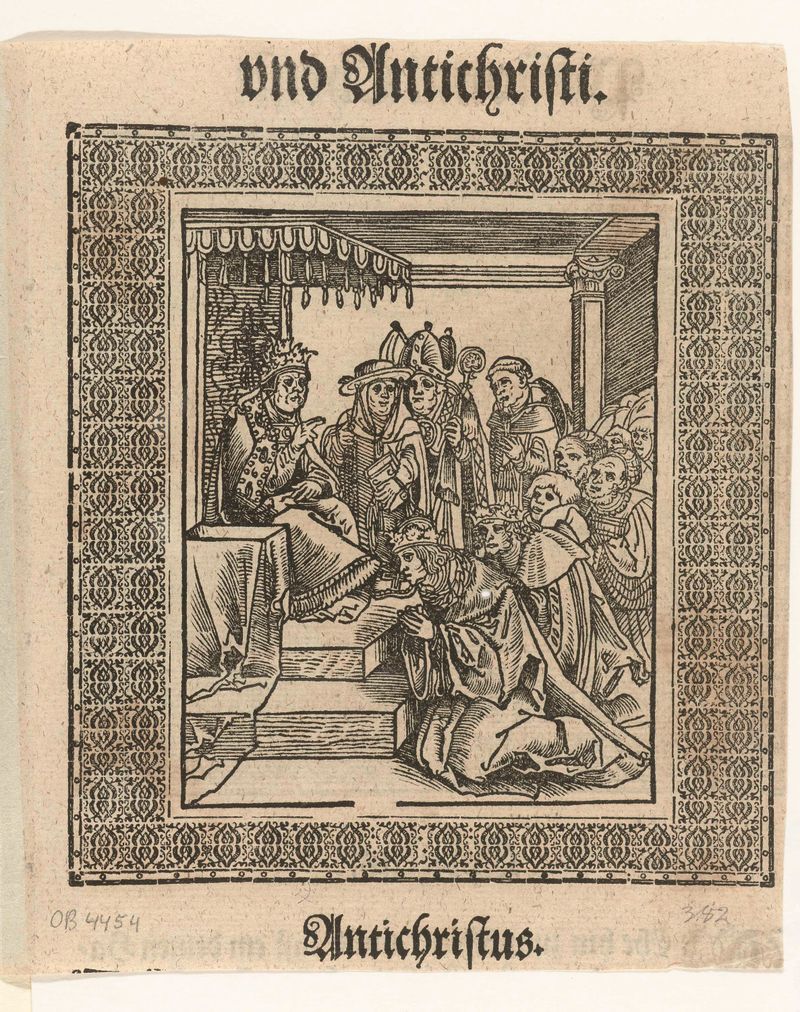 Obra del Renacimiento del Norte de Lucas Cranach que muestra a un emperador inclinándose ante un papa en papel.